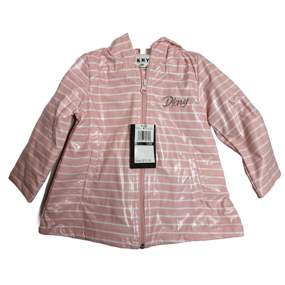 NWT DKNY Baby Girl's Pink White Striped Lined Raincoat Jacket Pockets Size 12Mos